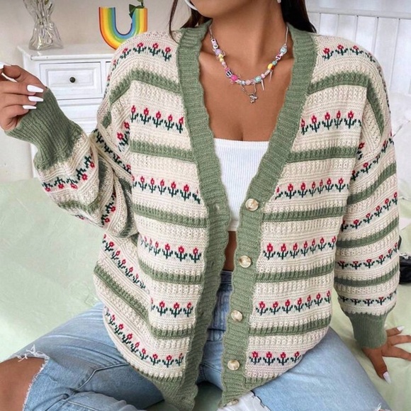 SHEIN Sweaters - SHEIN Green and Cream Patterned Cardigan